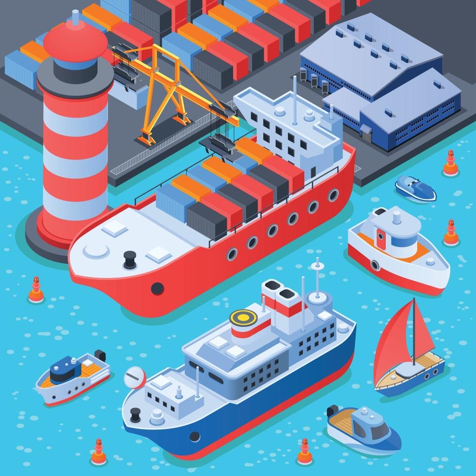 port avec composition isométrique de navires vecteur