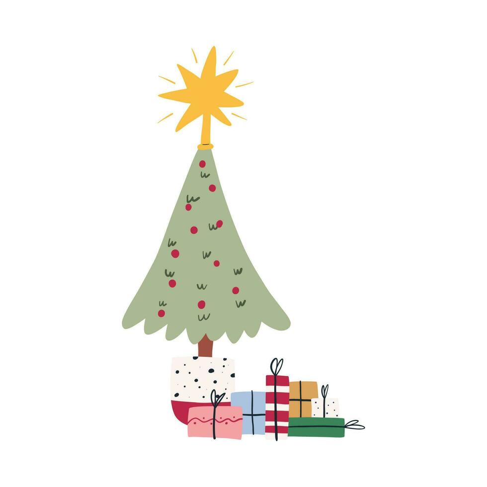 main tiré Noël arbre décoré avec ornements et étoile sur haut, plat vecteur illustration isolé sur blanche. mignonne Noël arbre avec pile de cadeau des boites sous. hiver vacances fête.