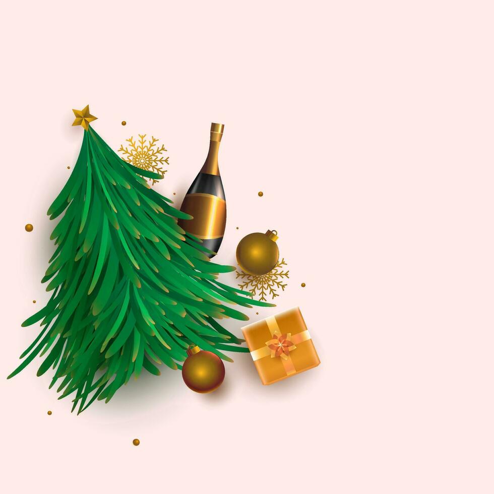 illustration de vert Noël arbre avec 3d Champagne bouteille, boules, flocons de neige et cadeau boîte sur pastel rose Contexte. vecteur