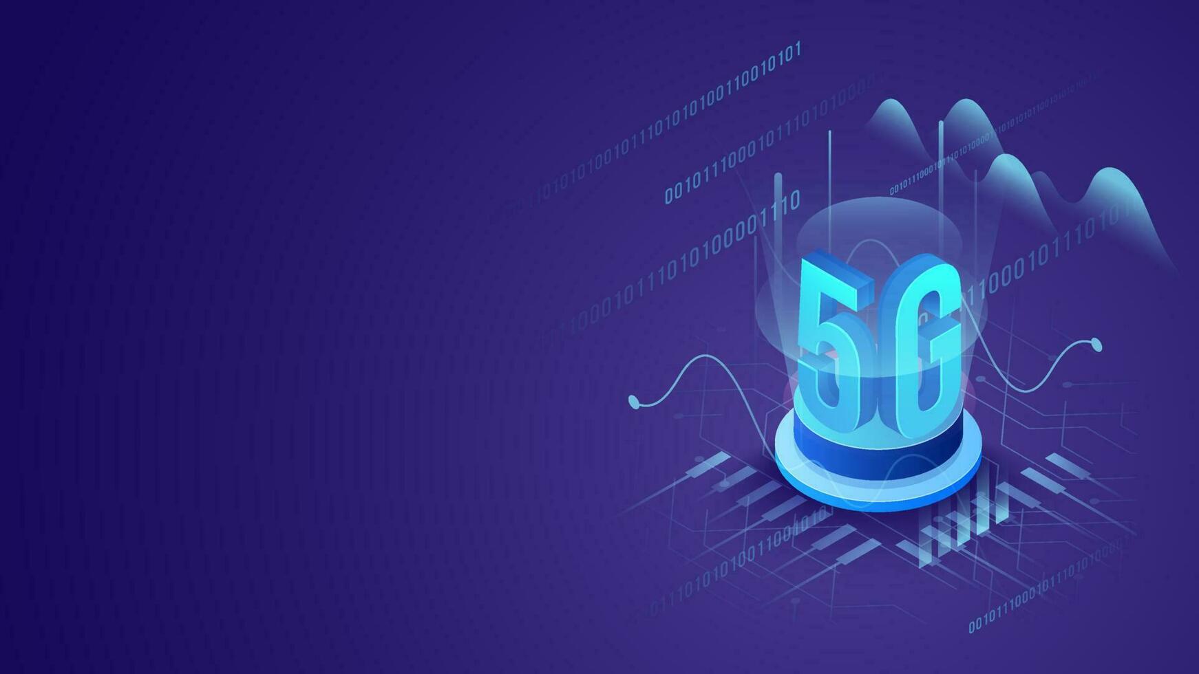 3d caractères de 5g sur rond podium avec violet circuit planche haute technologie Contexte pour 5g réseau sans fil système l'Internet Les données un service diffusion ou La publicité concept. vecteur