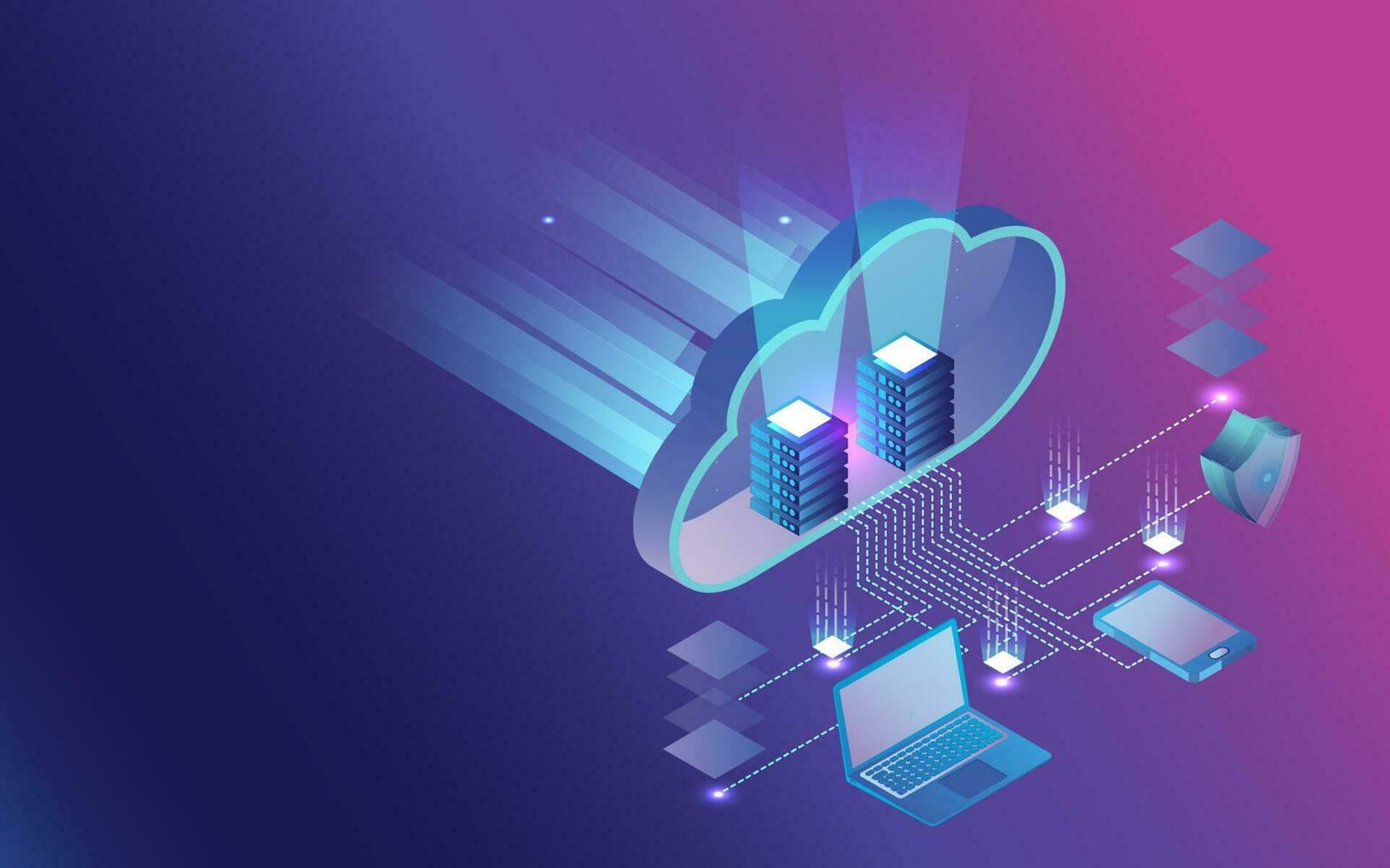 3d infographie de Les données partage et protection par Sécurité bouclier concept basé nuage espace de rangement conception. pouvez être utilisé pour la toile modèle. vecteur