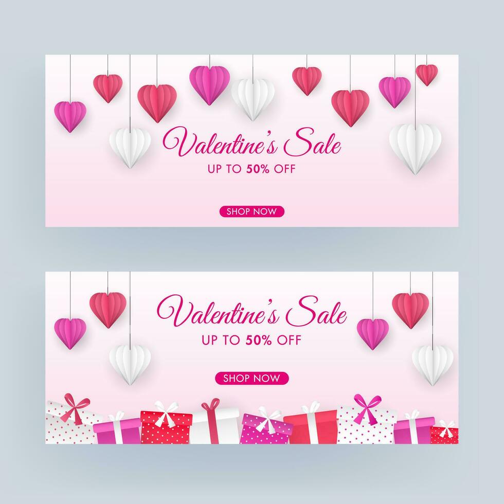 la Saint-Valentin journée vente entête ou bannière conception ensemble avec remise offre, origami papier Couper cœurs pendre et cadeau des boites décoré sur rose Contexte. vecteur
