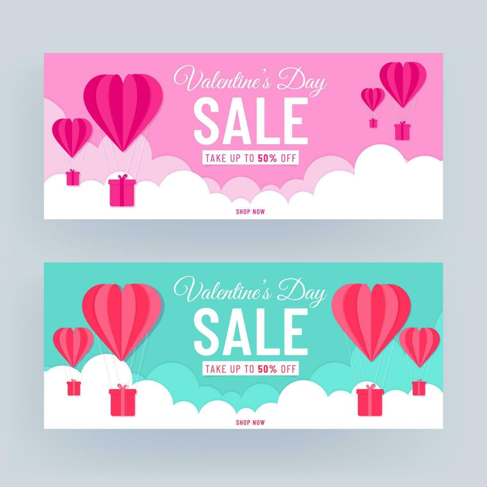 rose et turquoise entête ou bannière conception avec remise offre et papier Couper cœur en forme de chaud air des ballons sur nuageux Contexte pour la Saint-Valentin journée vente. vecteur