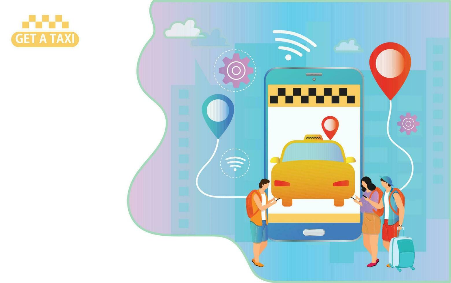 isométrique illustration de gens réservation une taxi en utilisant emplacement app dans téléphone intelligent pour Taxi un service concept. vecteur