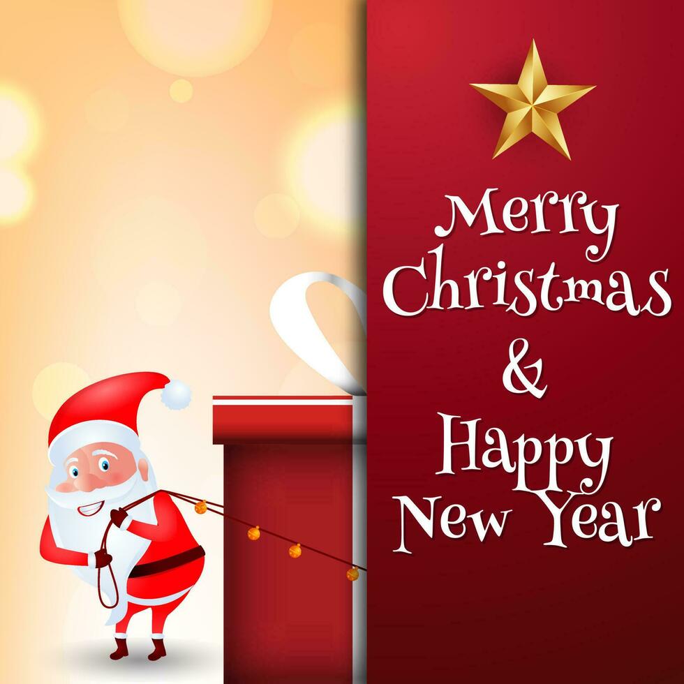 joyeux Noël et content Nouveau année salutation carte conception avec illustration de Père Noël claus traîner une cadeau boîte. vecteur