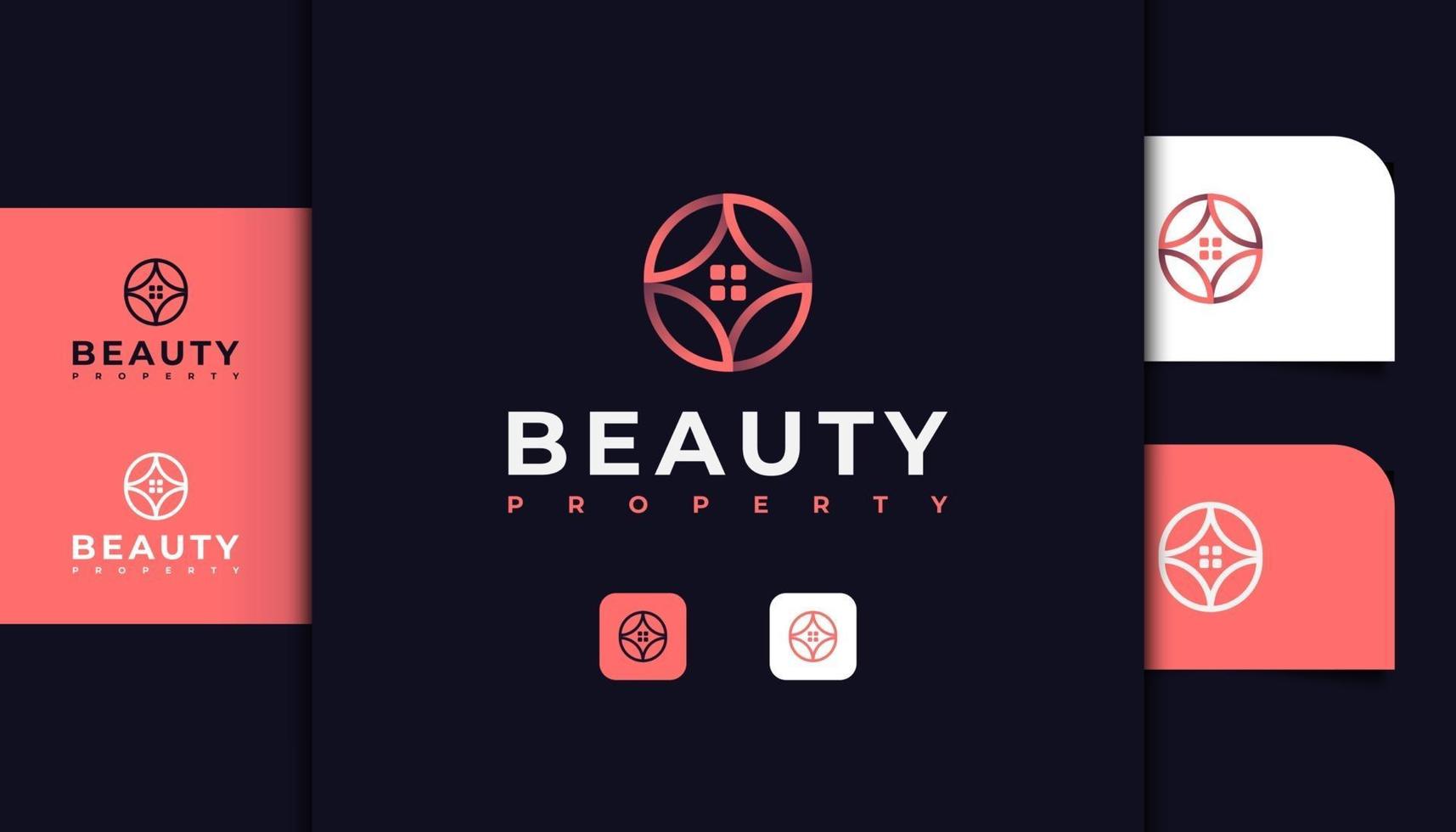 logo immobilier abstrait avec concept de fleur en dégradé rose vecteur