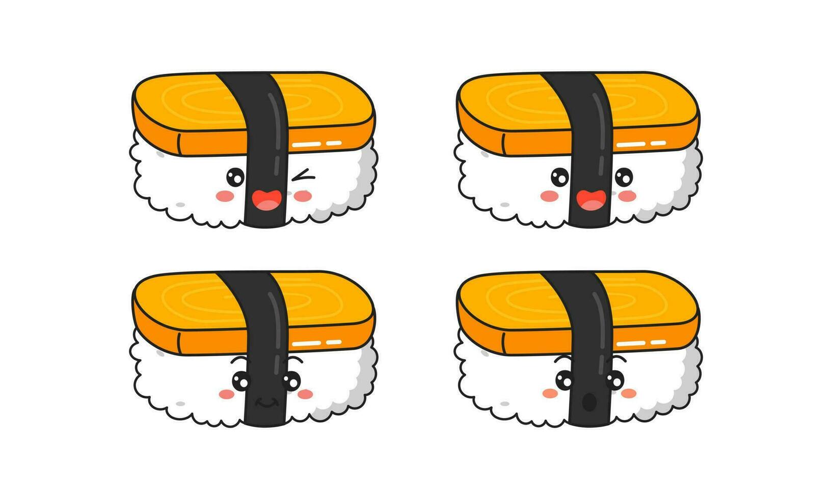 divers kawaii Sushi, Rouleaux, nigiri. Japonais dessin animé style vecteur