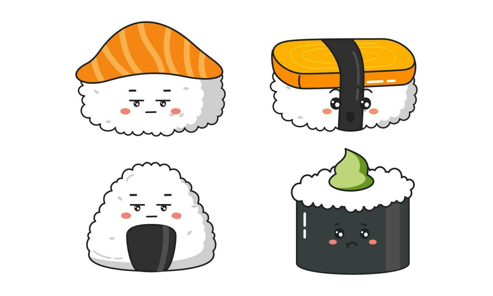 divers kawaii Sushi, Rouleaux, nigiri. Japonais dessin animé style vecteur