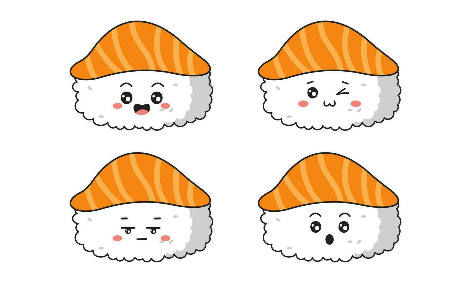 divers kawaii Sushi, Rouleaux, nigiri. Japonais dessin animé style vecteur