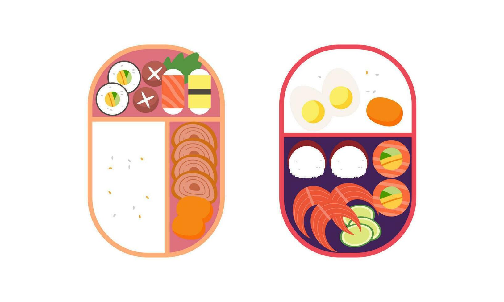 bento boîte logo. Japonais le déjeuner boîte. divers traditionnel asiatique nourriture dessin animé style vecteur