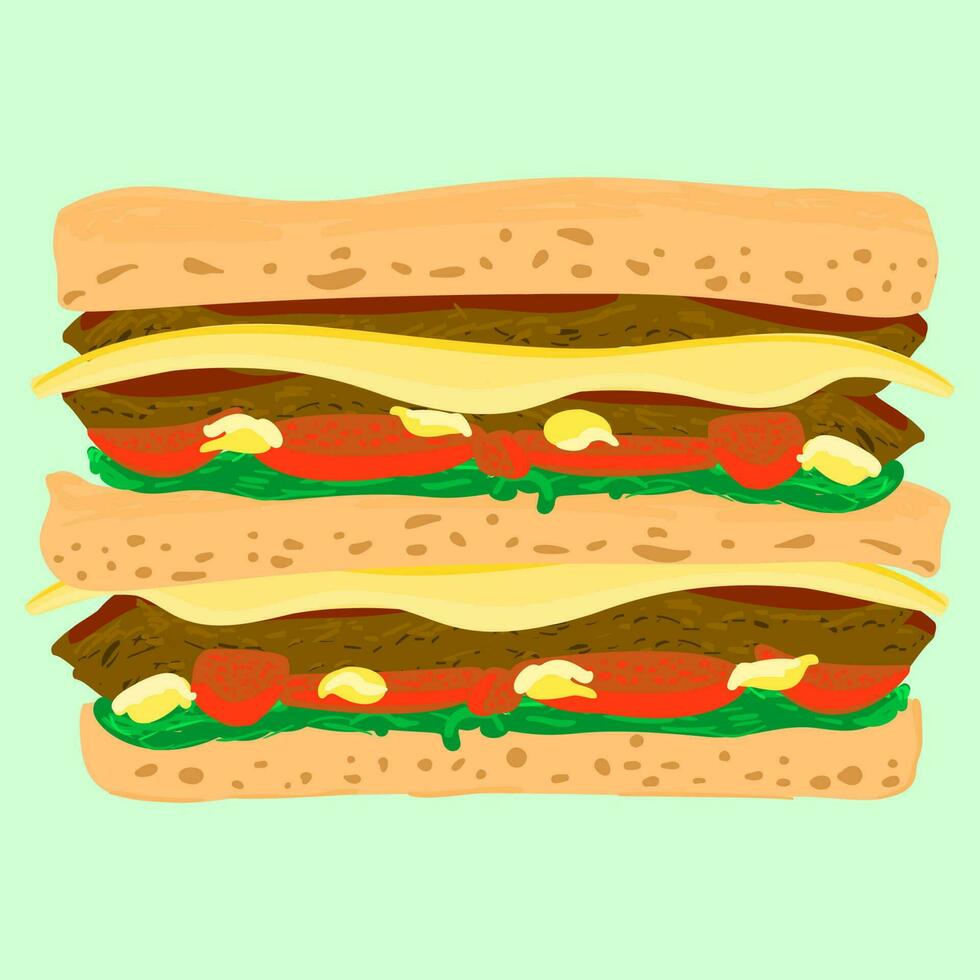 main tiré jambon et légume fromage sandwich illustration. plat vecteur. Haut voir, plat vecteur illustration main tiré agrafe art