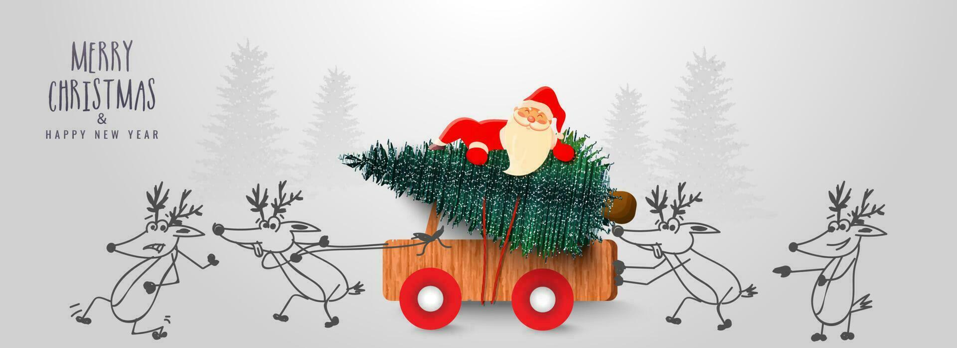 mignonne Père Noël claus porter Noël arbre sur en bois ramasser un camion pousser par dessin animé renne sur le occasion de joyeux Noël content Nouveau année fête. vecteur