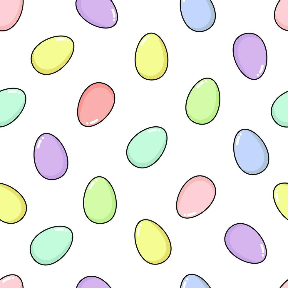 content Pâques sans couture modèle avec peint des œufs. amusement vacances éléments dans délicat couleurs - rose, bleu, jaune, violet, vert, lilas, menthe et corail. carré format, vecteur plat illustration