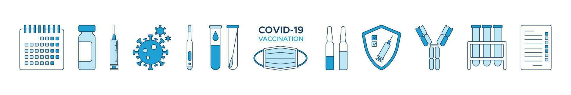 ensemble de Icônes covid-19 vaccination, calendrier, ampoules de vaccin, seringue, corona virus, calendrier, bouclier, test, du sang tester tube, thermomètre et anticorps. une médical conception éléments dans nuances de bleu. vecteur