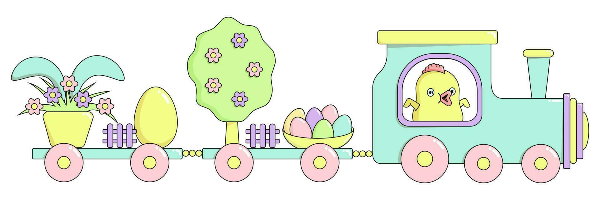 content Pâques train avec une mignonne poulet, une printemps arbre dans fleurs, peint brillant œufs, une lapin cache derrière une fleur pot dans pastel couleurs. horizontal vacances vecteur bannière dans plat dessin animé style