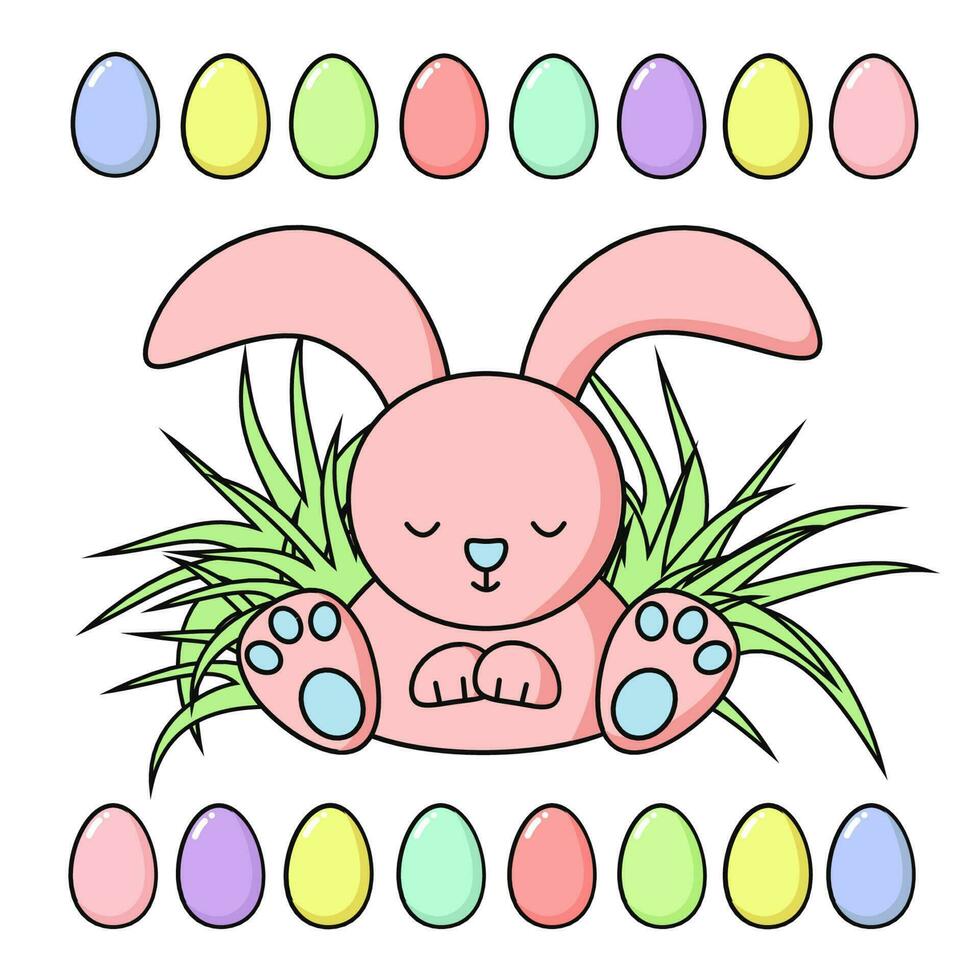 content Pâques mignonne rose lapin dans herbe avec une frontière de Pâques des œufs isolé sur blanc Contexte. salutation carte ou bannière dans délicat couleurs - corail, bleu, Jaune vecteur