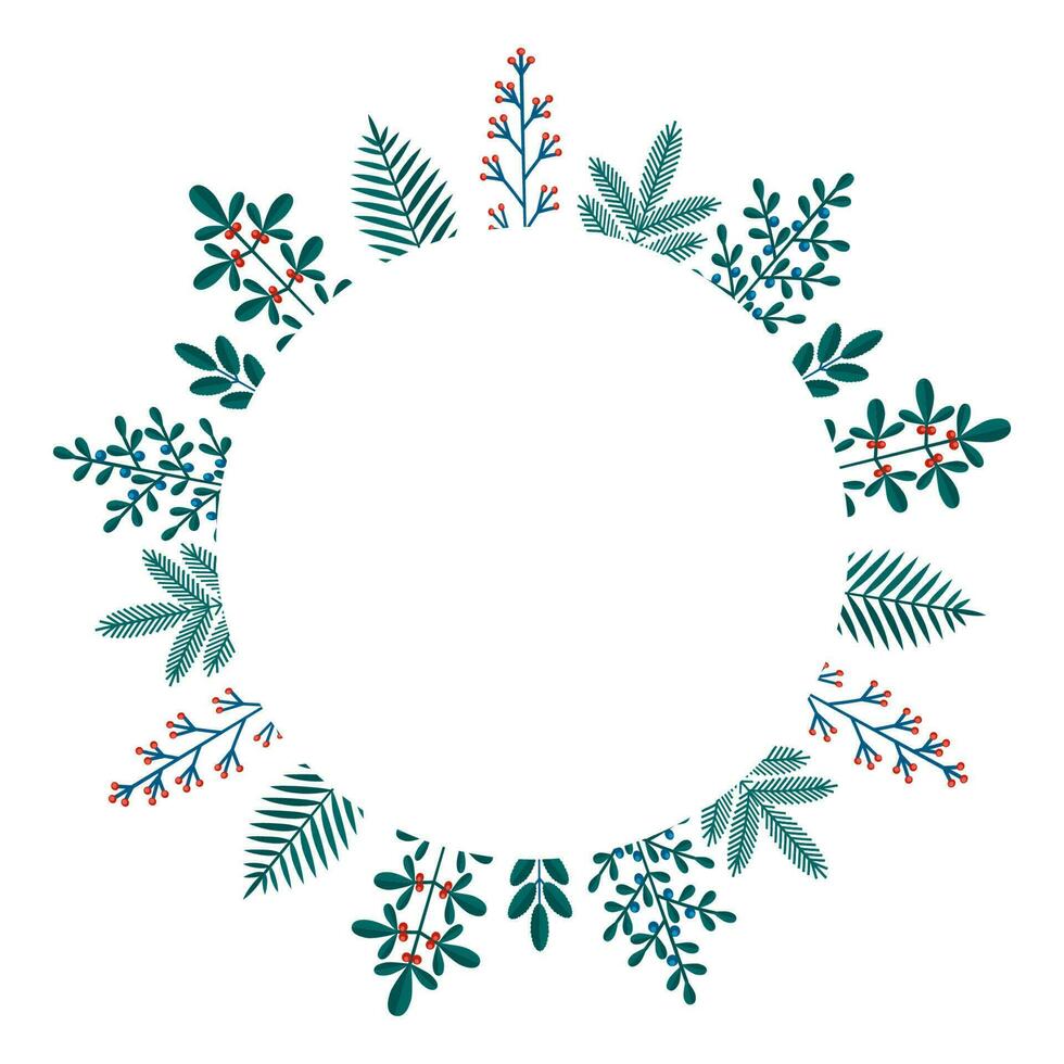 joyeux Noël floral rond Cadre avec hiver les plantes Cadre - couronne dans plat style. des illustrations avec botanique symboles de vacances - pin, feuilles, cône, baie dans rouge, vert couleurs. vecteur