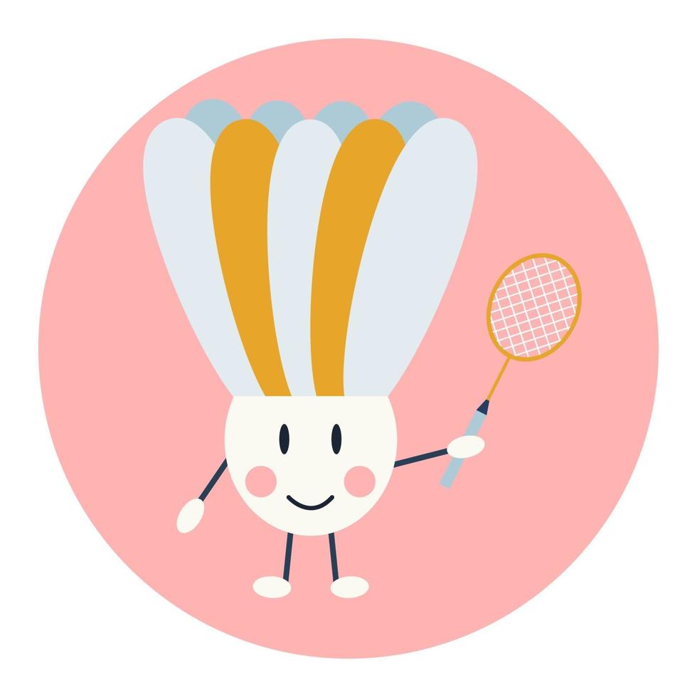 Volant kawai mignon avec une raquette de badminton à la main sur un fond rond rose vecteur