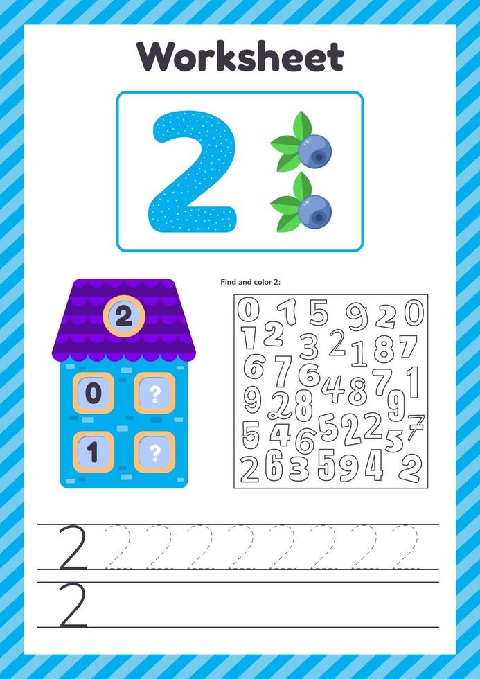 Vector illustration feuille de calcul compter pour les enfants berry numéro de maison liens trace ligne l'étude des mathématiques pour les enfants d'âge préscolaire de la maternelle deux