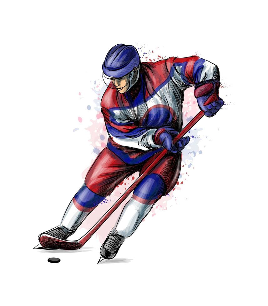 joueur de hockey abstrait des éclaboussures d'aquarelles croquis dessinés à la main sport d'hiver illustration vectorielle de peintures vecteur