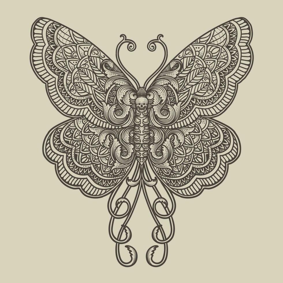 illustration papillon avec mandala zentagle style vecteur