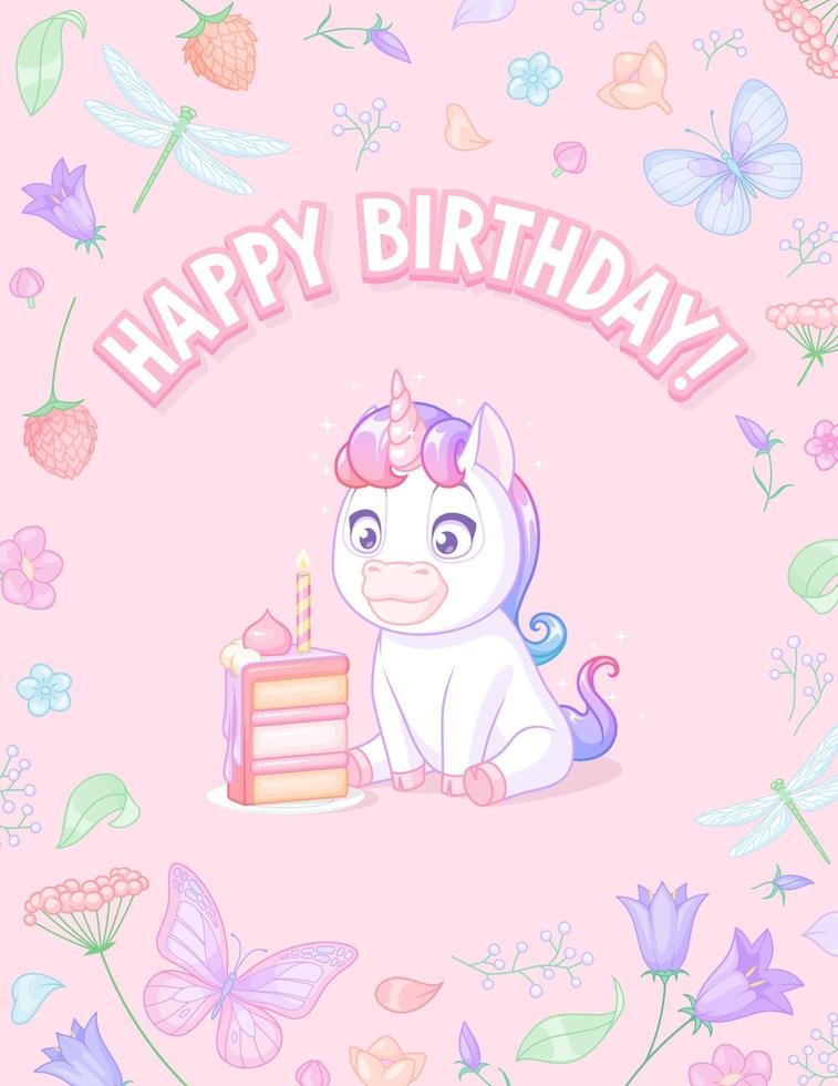 carte de voeux anniversaire vecteur rose avec licorne avec gâteau