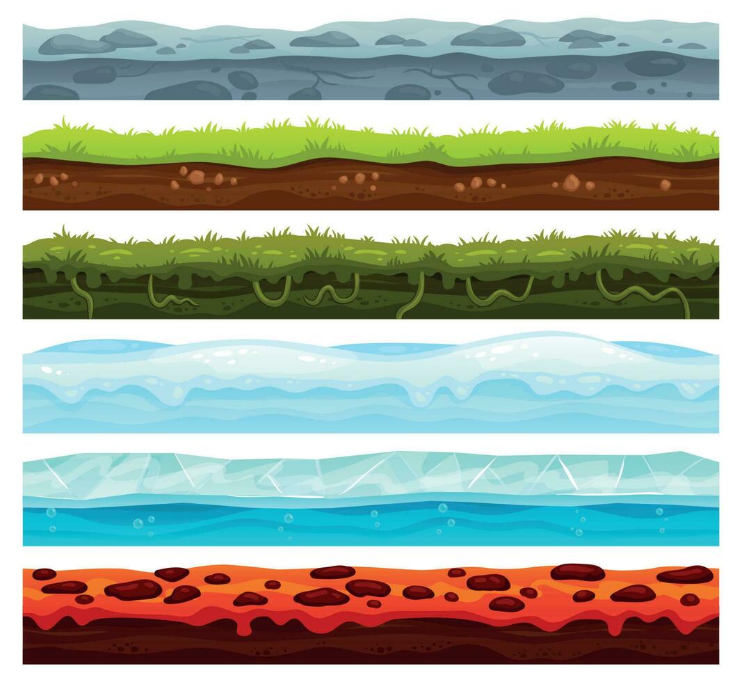 sans couture terre couches. saleté sol paysage Jeu actif, la glace avec neige casquettes et lave sol. dessin animé surface vecteur les atouts