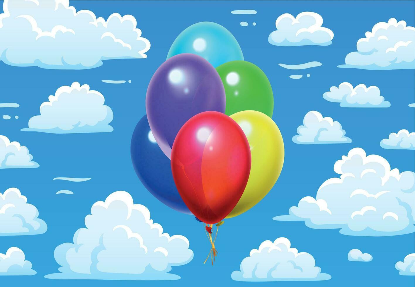 bouquet des ballons dans des nuages. dessin animé bleu nuageux ciel et coloré 3d brillant des ballons vecteur illustration