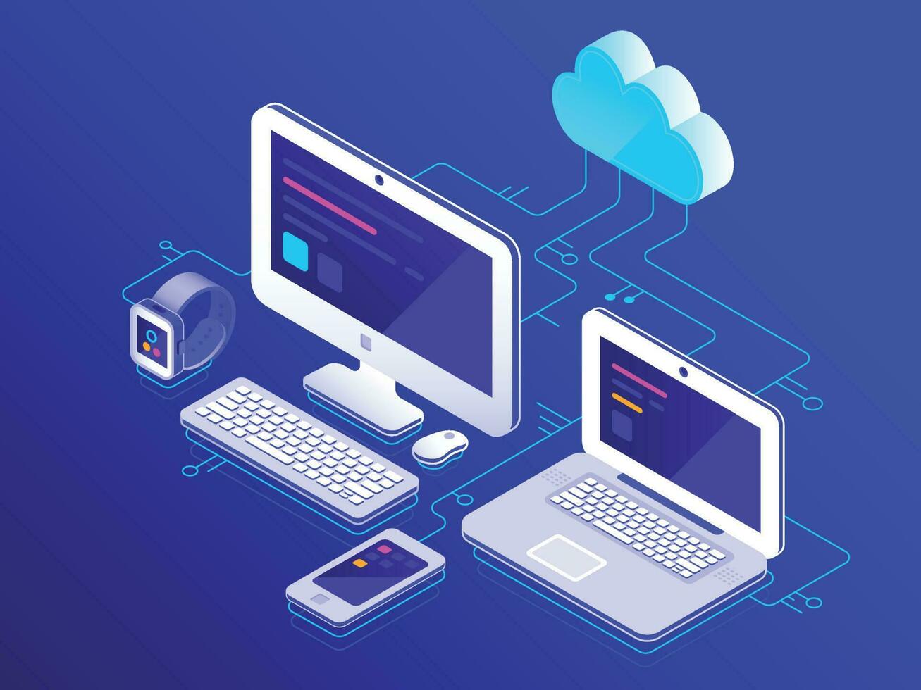 nuage stockage. ordinateur dispositifs connecté à Les données serveur. portable des ordinateurs tablette et téléphone intelligent sécurise lien vecteur illustration