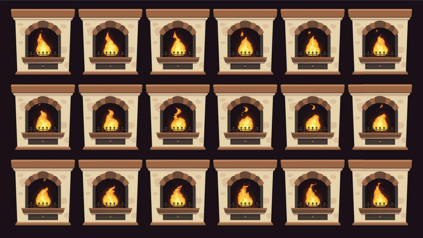 Animé Feu dans cheminée. flammes animation dans rétro Accueil bois brûlant cheminées isolé vecteur dessin animé cadres ensemble