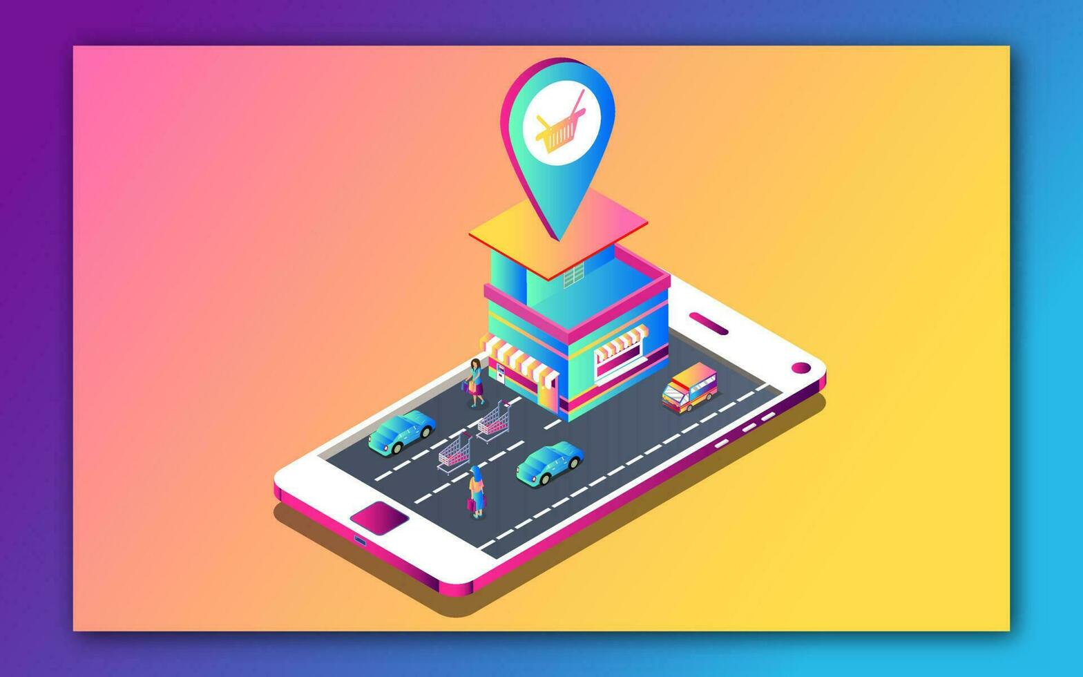 isométrique illustration de en ligne magasin emplacement app dans téléphone intelligent avec transport route pour en ligne achats ou livraison concept. vecteur