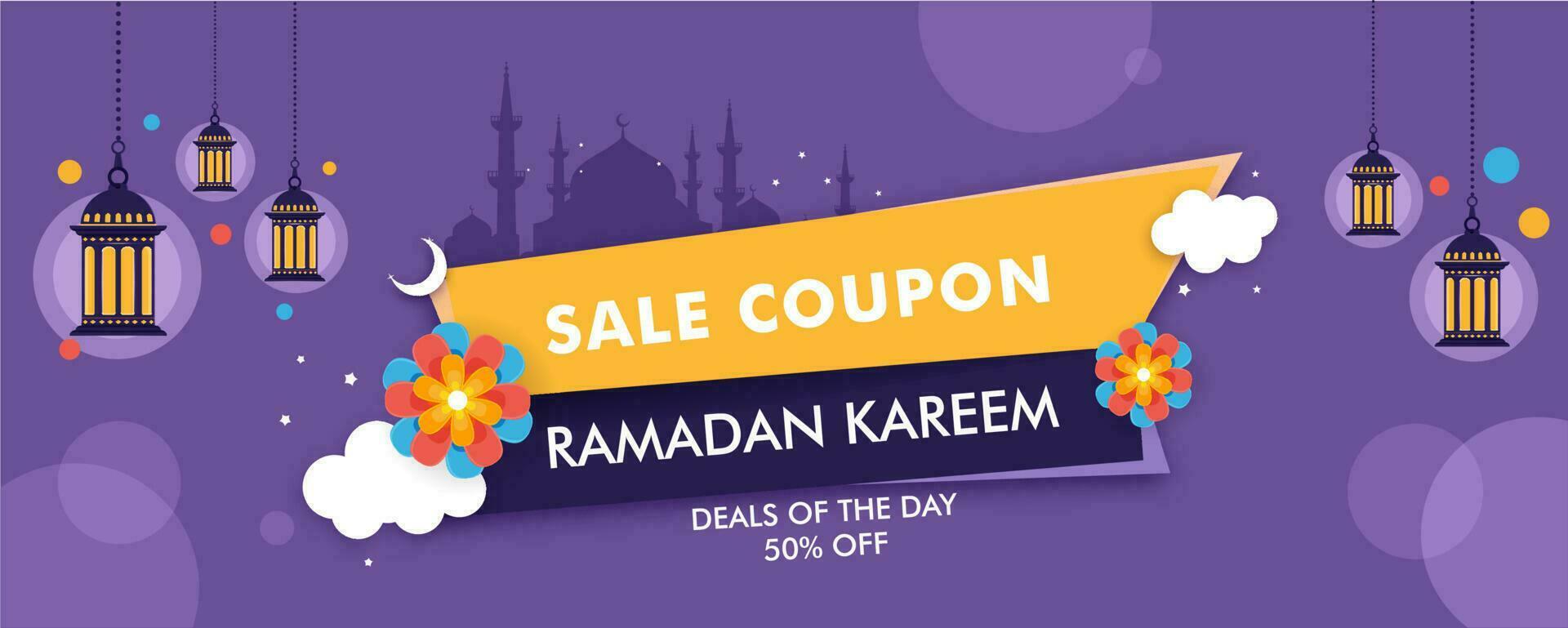 vente coupon ou entête conception avec silhouette mosquée et remise offre pour Ramadan Karim. vecteur