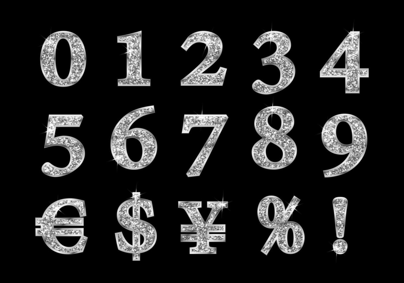 une ensemble de Nombres et panneaux de devises, argent, pétillant avec briller et une métallique accident vasculaire cérébral. vecteur