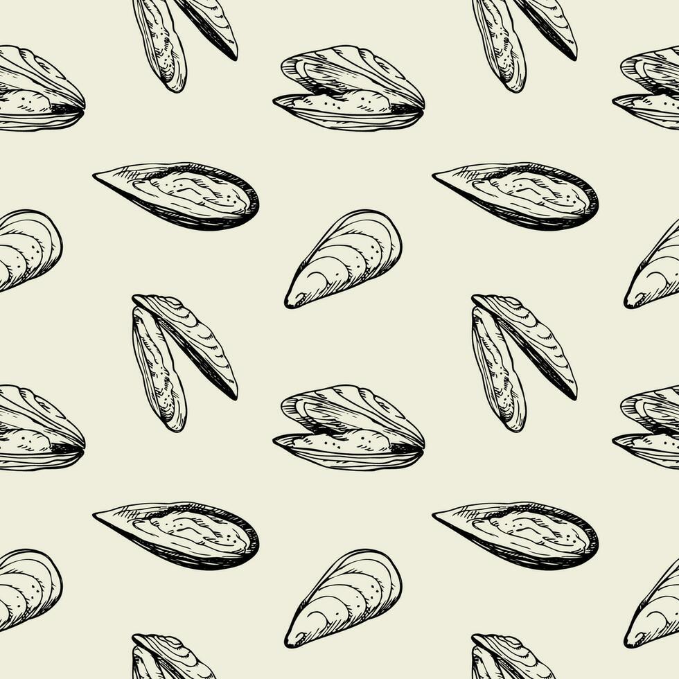 moules. main tiré sans couture modèle avec coquille, fruits de mer.répéter background.design élément. pour emballage, textile, impression. vecteur art illustration