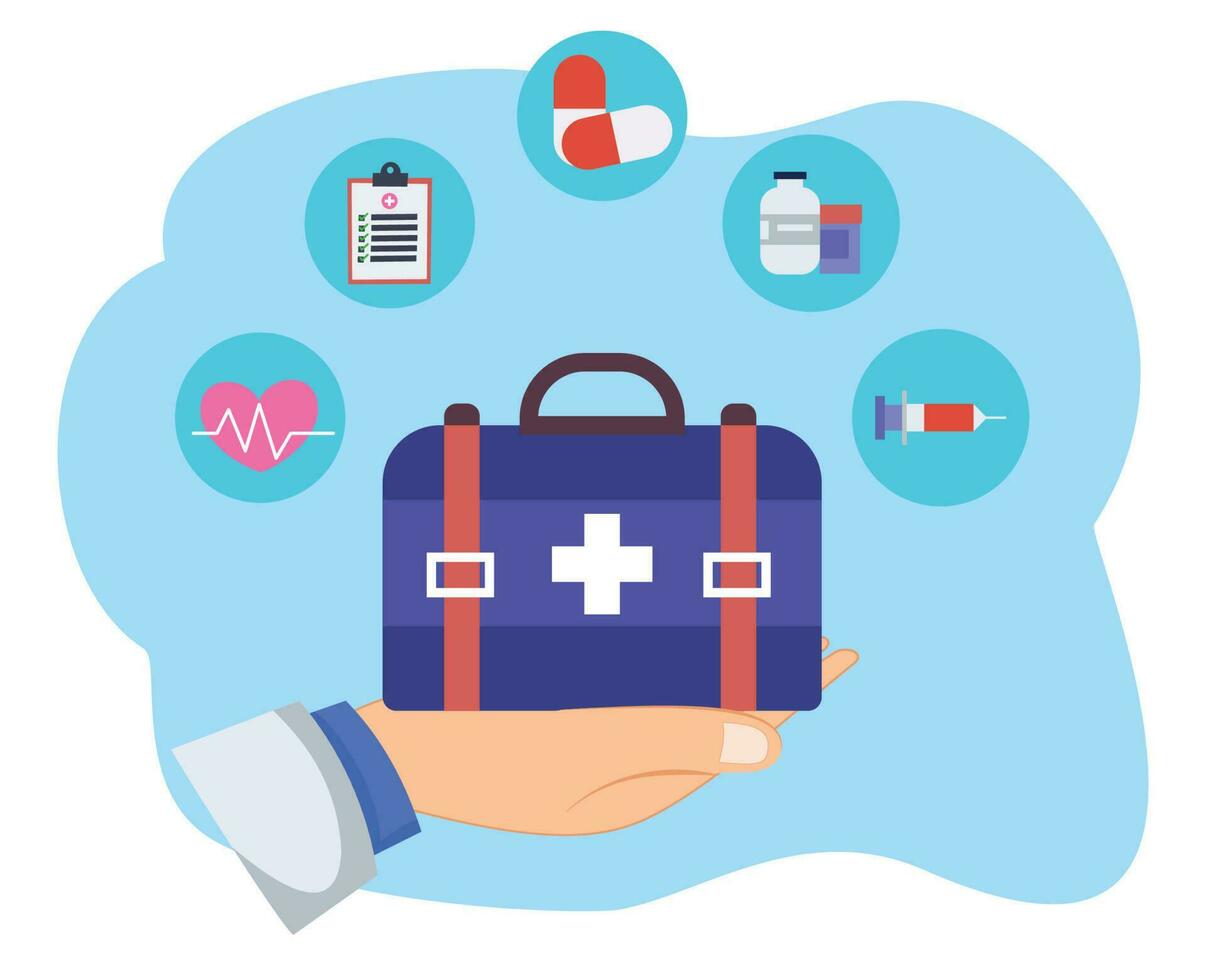 illustration médecin en portant médicament sac et médical outils. illustration de une médecin main en portant une médicament sac vecteur