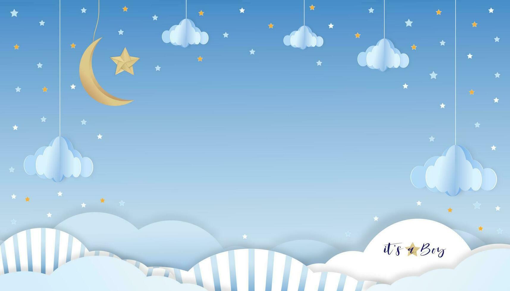 bébé garçon douche carte bleu fond, papier Couper abstrait origami paysage nuageux, croissant lune et étoiles sur bleu ciel, vecteur illustration mignonne papier art avec copie espace pour de bébé Photos