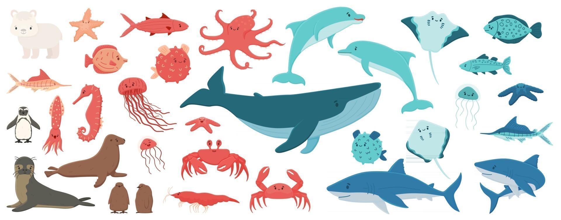 grand ensemble de dessin animé isolé mer océan animaux du nord dans un style plat vecteur