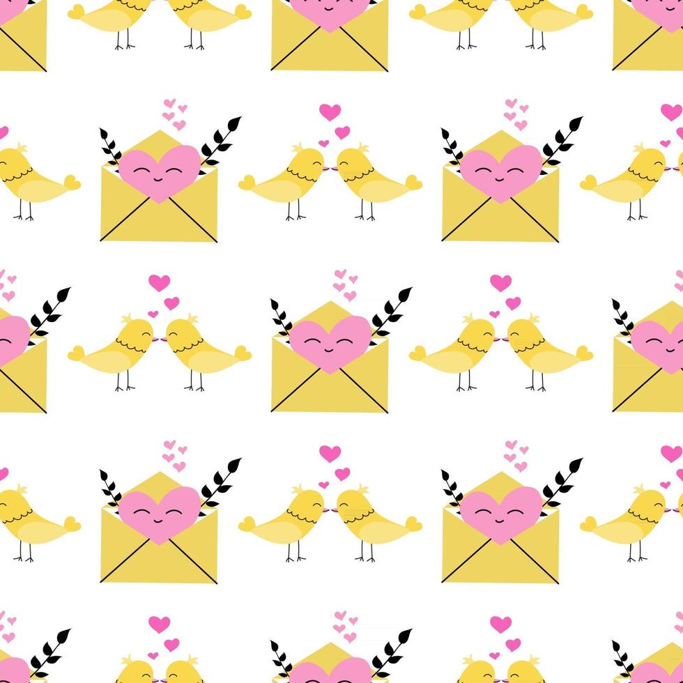 Oiseaux d'amour et une enveloppe ouverte avec un modèle sans couture de vecteur de coeur sur une conception de papier peint fond blanc pour papier d'emballage et impression de tissu