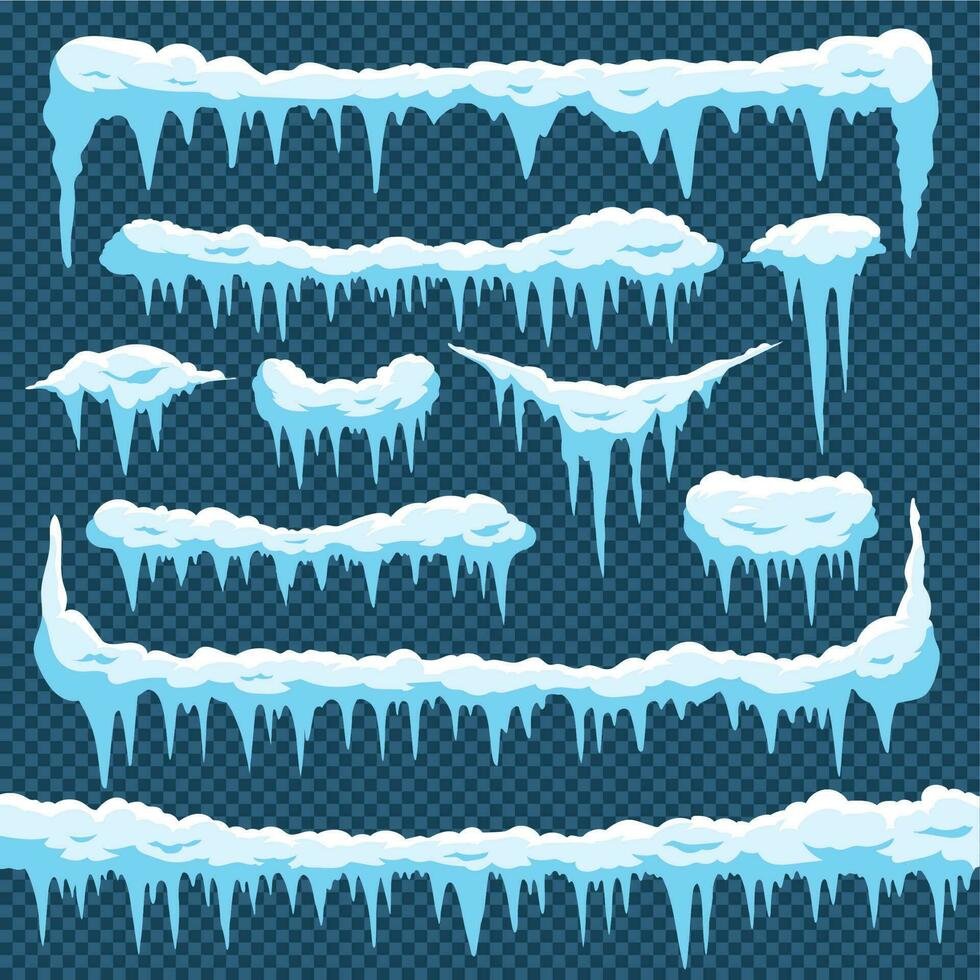 dessin animé neige glaçons. stalactite la glace avec Bonnet de neige sur Haut. hiver neige les frontières pour Noël cartes conception. gel cadres vecteur ensemble