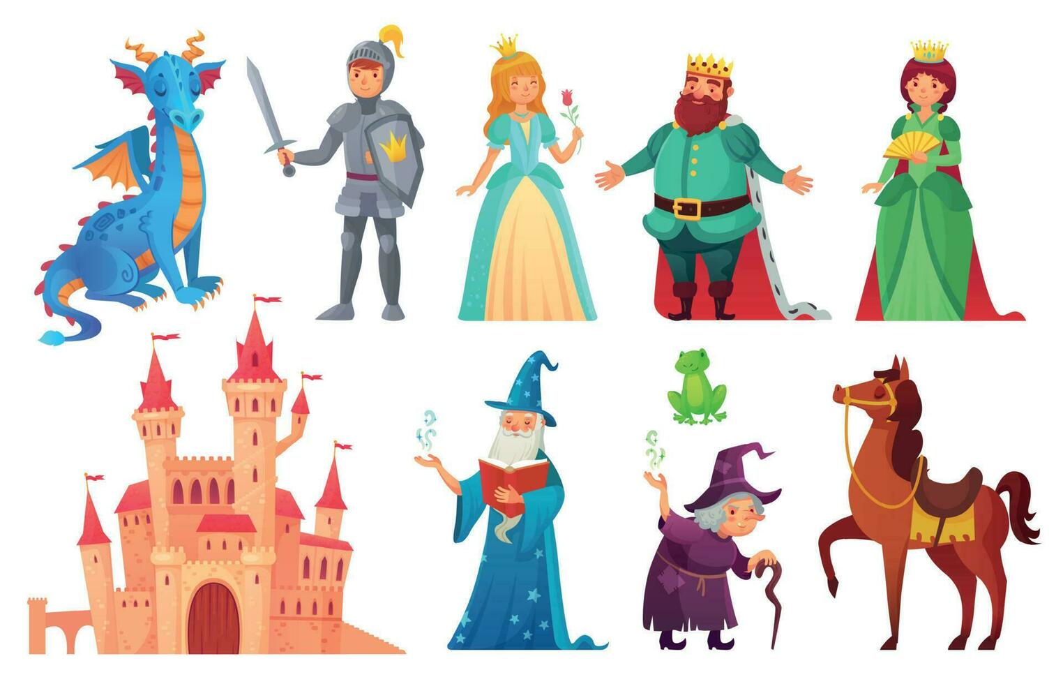 Fée contes personnages. fantaisie Chevalier et dragon, prince et princesse, la magie monde reine et Roi isolé dessin animé vecteur ensemble