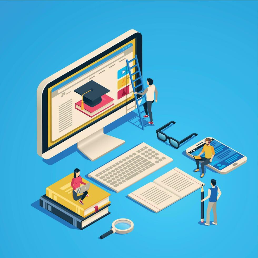 isométrique en ligne enseignement. l'Internet Salle de classe, étudiant apprentissage à ordinateur classe. en ligne Université diplômé 3d vecteur illustration