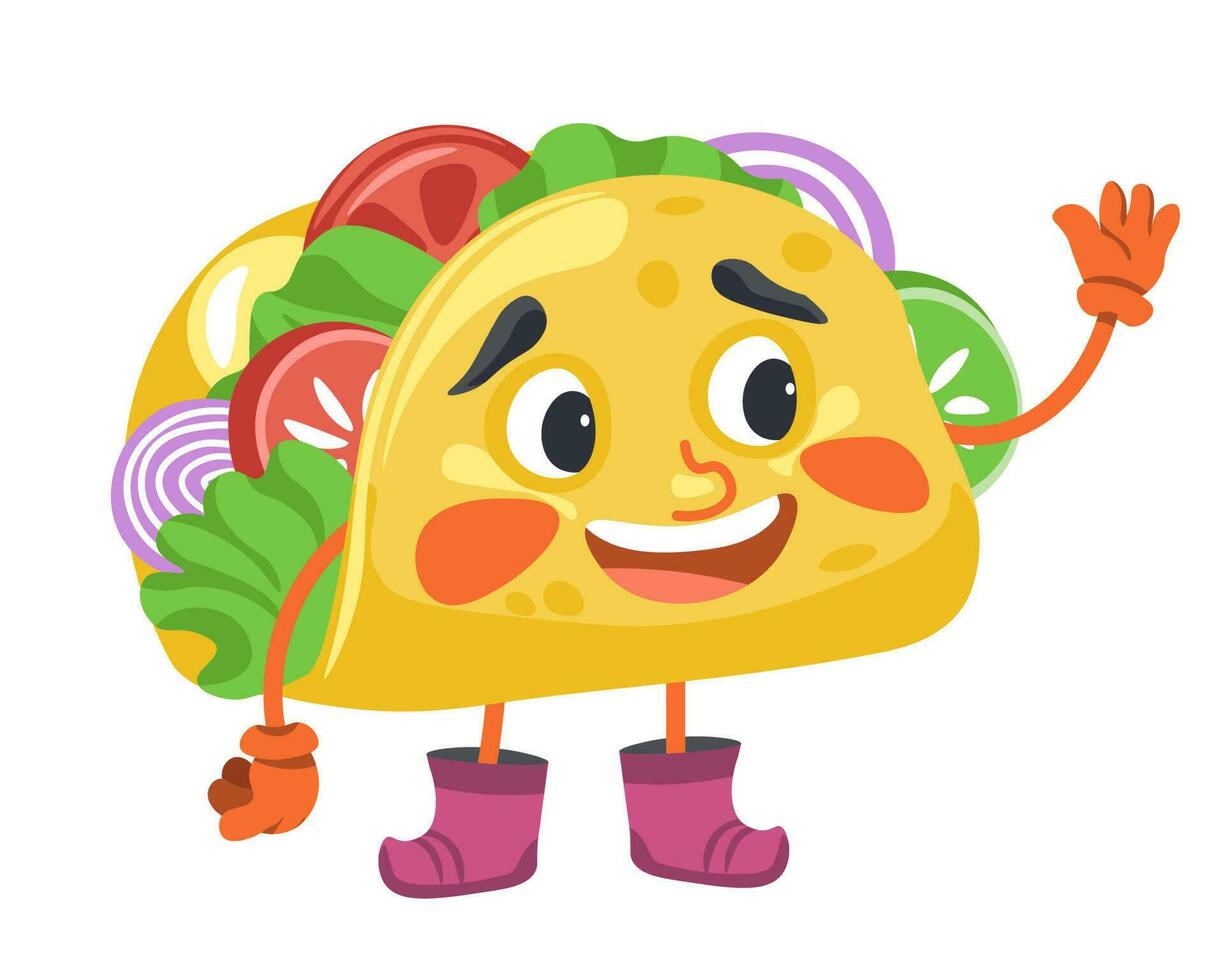 Mexique nourriture et vaisselle personnages, amical taco vecteur