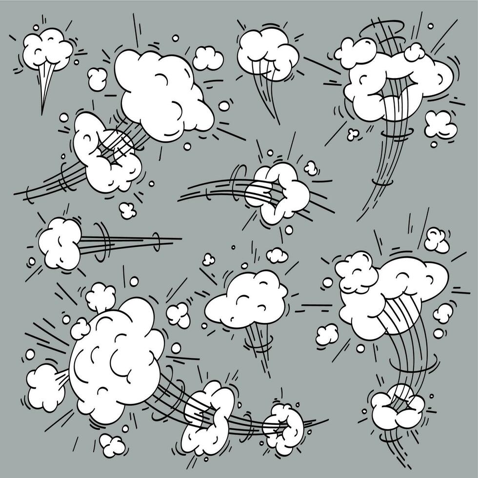 la vitesse nuage bande dessinée. dessin animé vite mouvement des nuages, fumée effets et mouvements Piste vecteur éléments ensemble