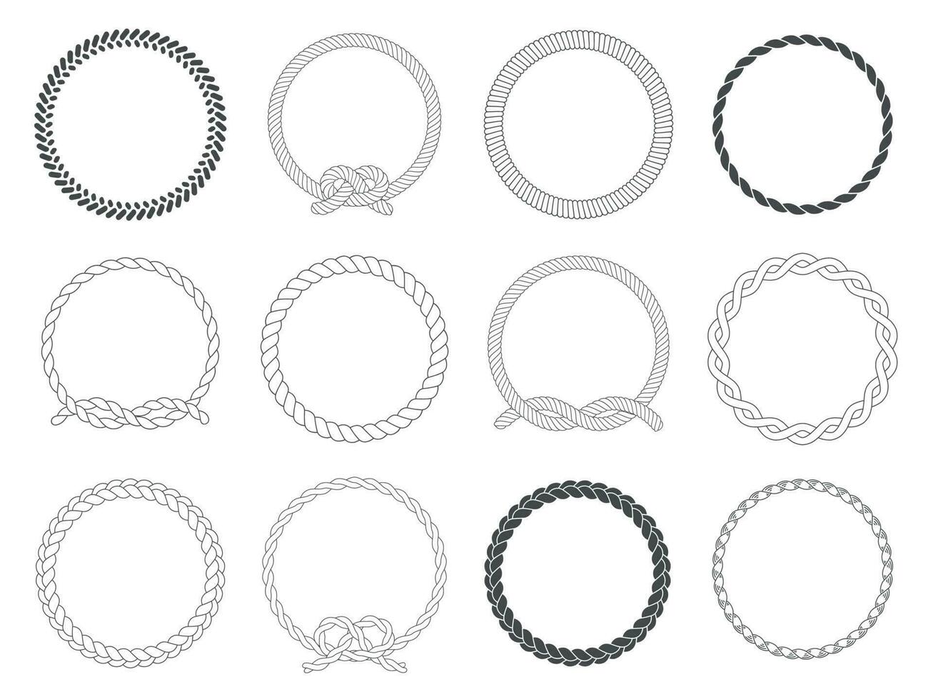 rond corde Cadre. cercle Cordes, arrondi frontière et décoratif Marin câble Cadre cercles isolé vecteur ensemble