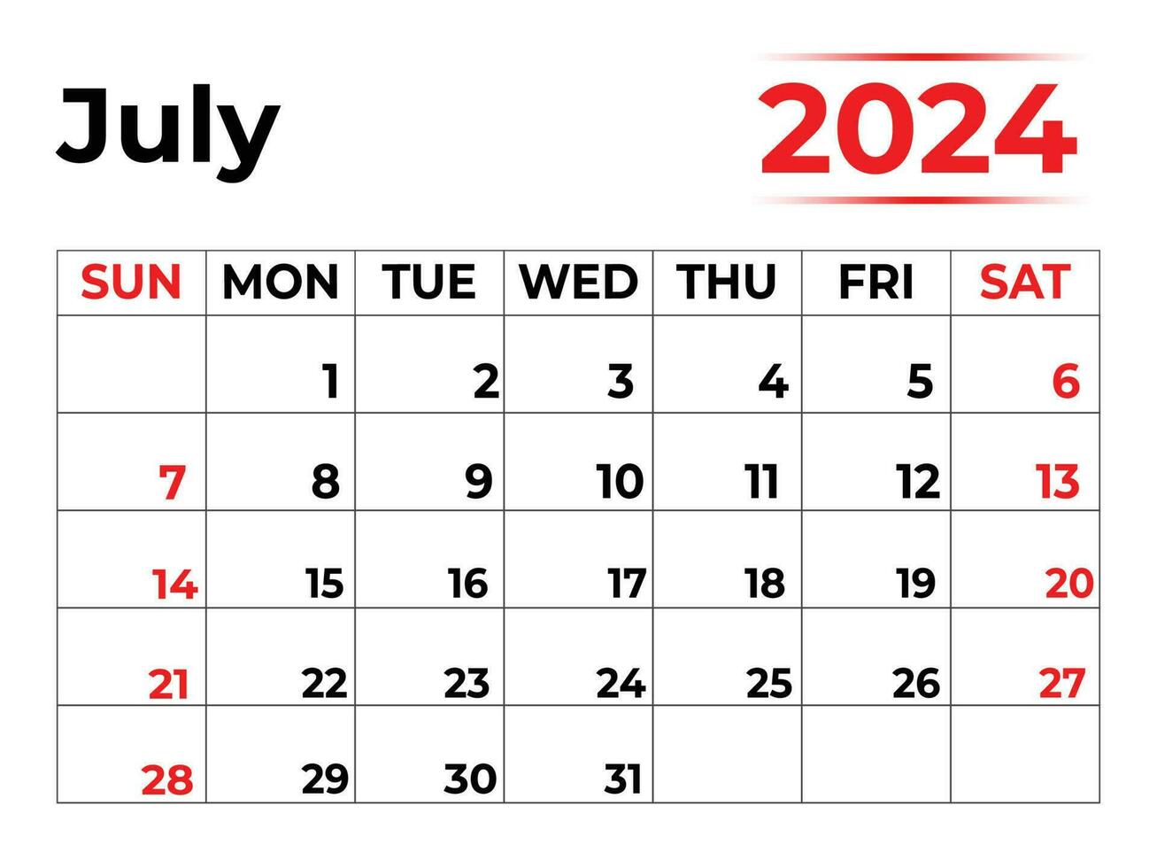 juillet 2024 mensuel calendrier avec très nettoyer regarder, la semaine départs de dimanche vecteur