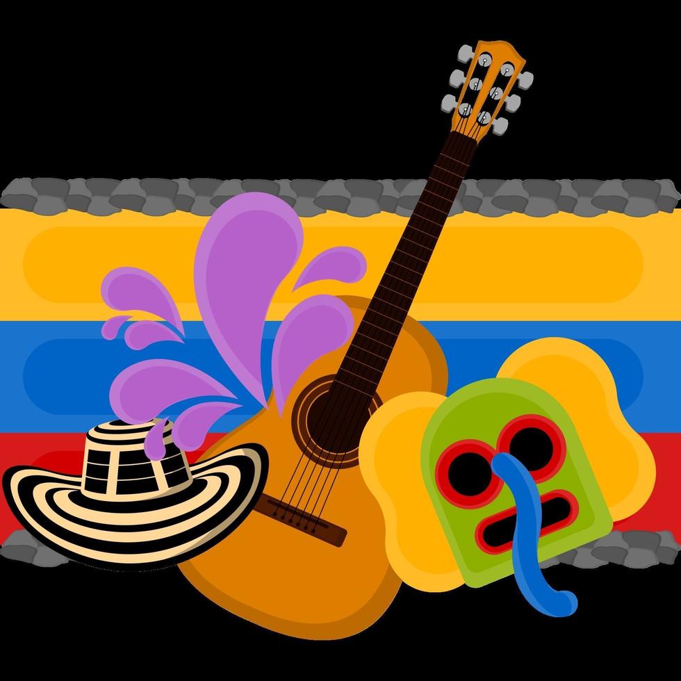 chapeau sombrero, masque marimaonda et guitare sur un drapeau de la colombie vecteur