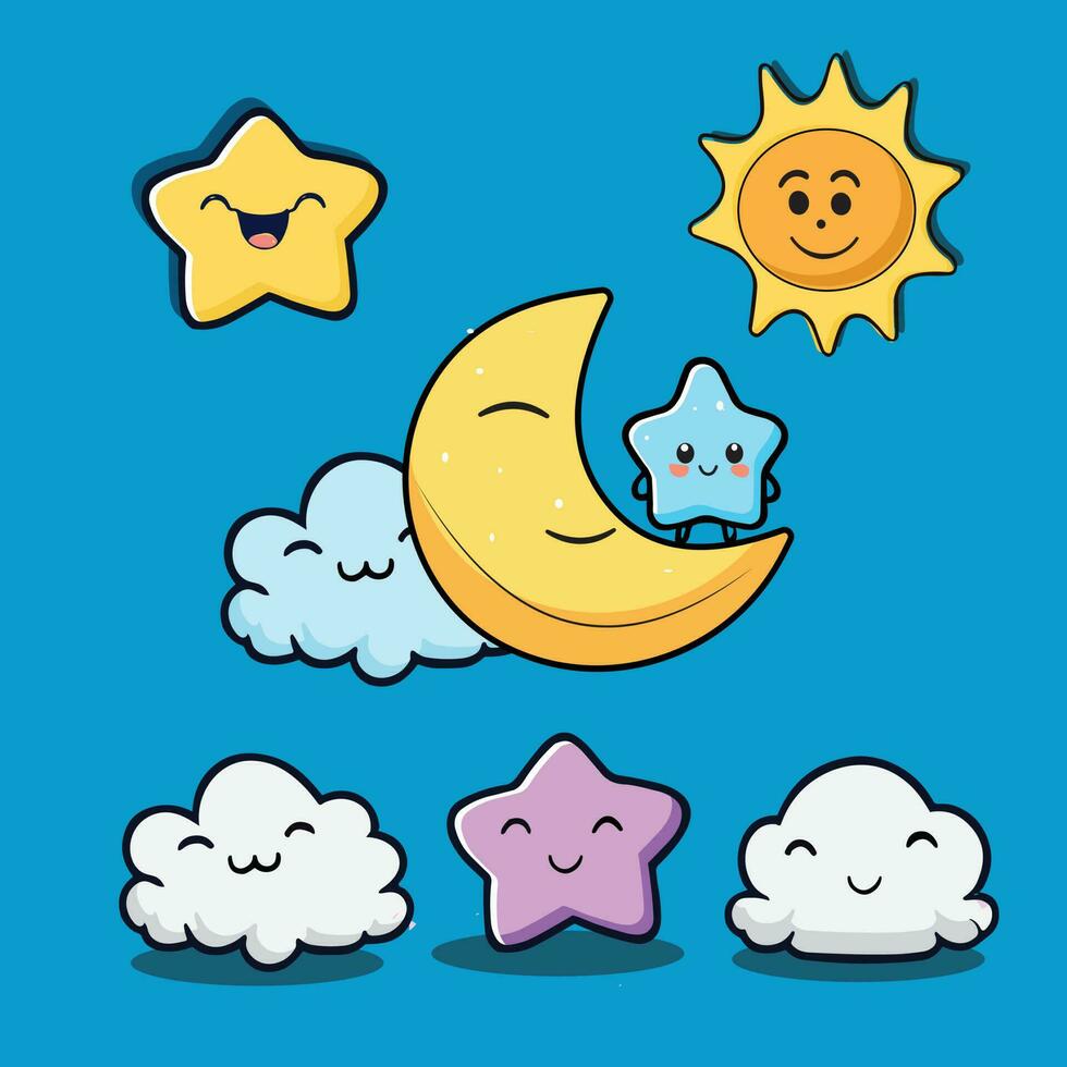 kawaii étoile, lune, soleil, nuage dessin animé personnage. vecteur