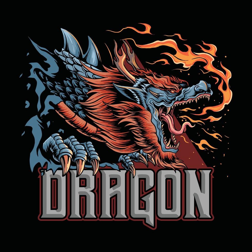 un dragon de la culture japonaise qui dégage du feu cette conception est parfaite pour concevoir des t-shirts ou des logos d'esports pour les joueurs vecteur