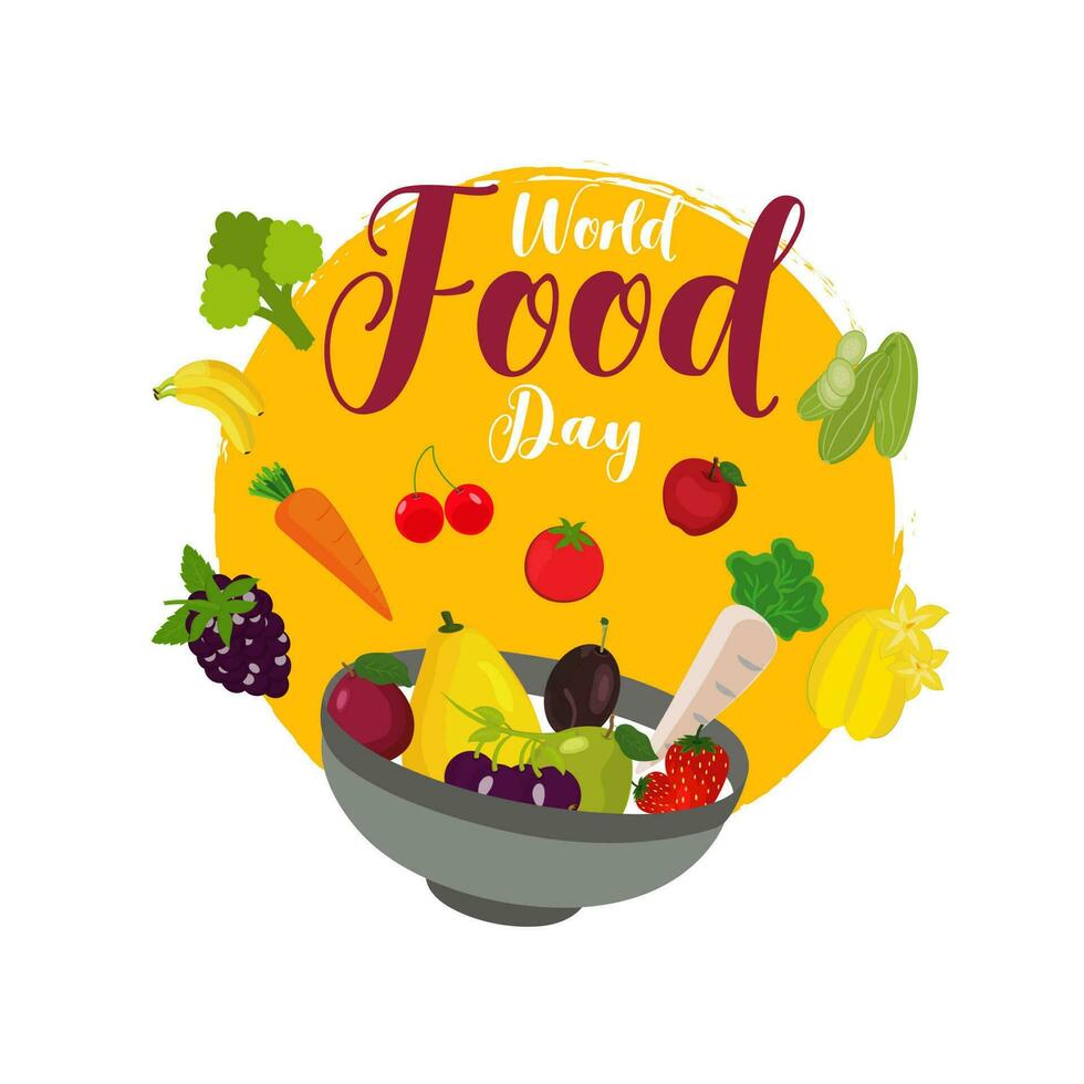 des fruits et des légumes chute dans bol pour monde nourriture journée concept. pouvez être utilisé comme affiche ou modèle conception. vecteur