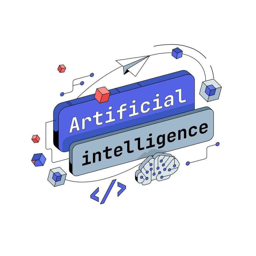 artificiel intelligence bouton Titre plaque. 3d isométrique vecteur illustration.